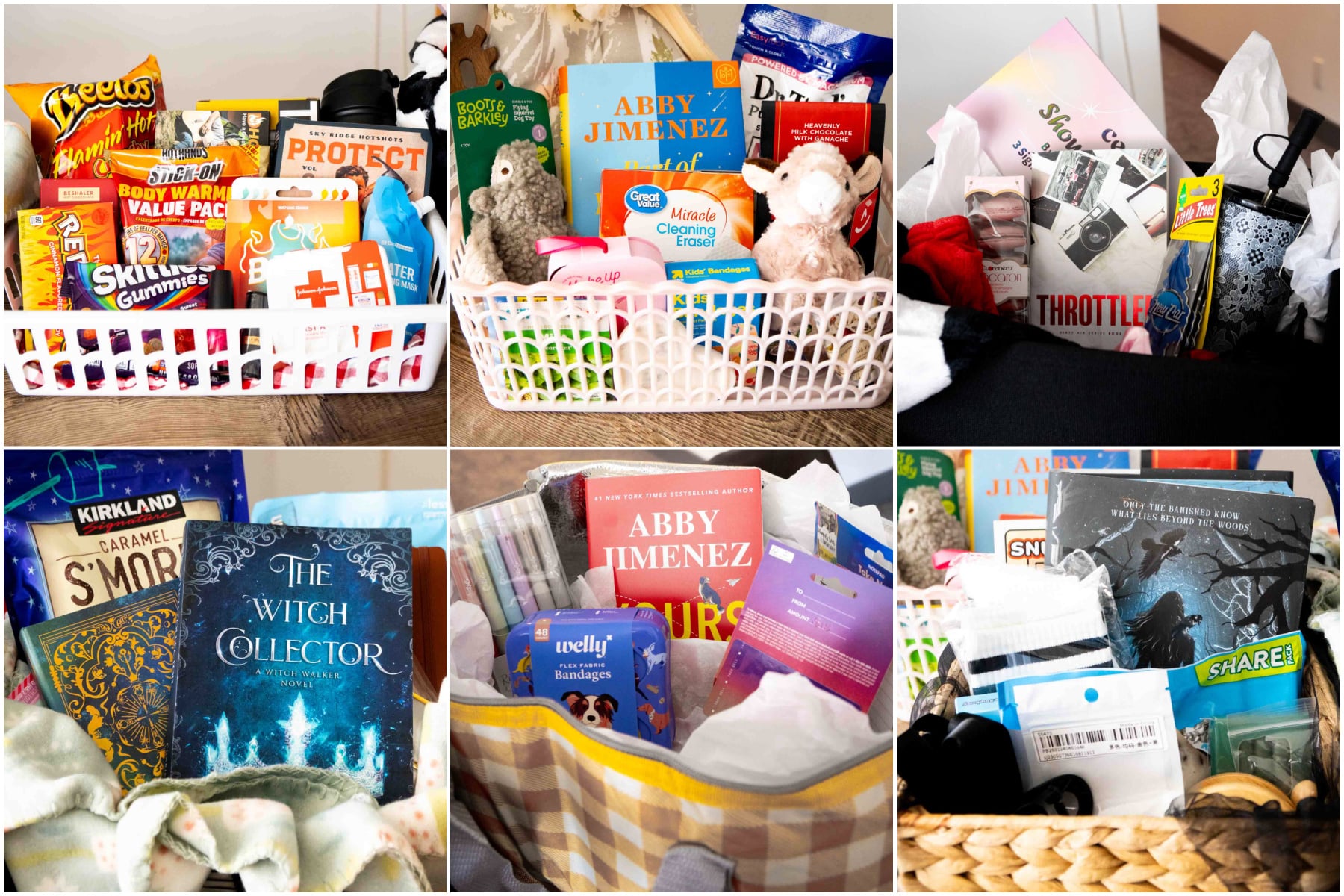 collage of six book gift baskets