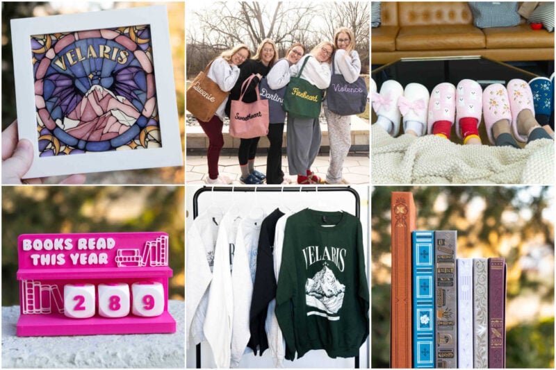 six images in a collage of bookish gifts