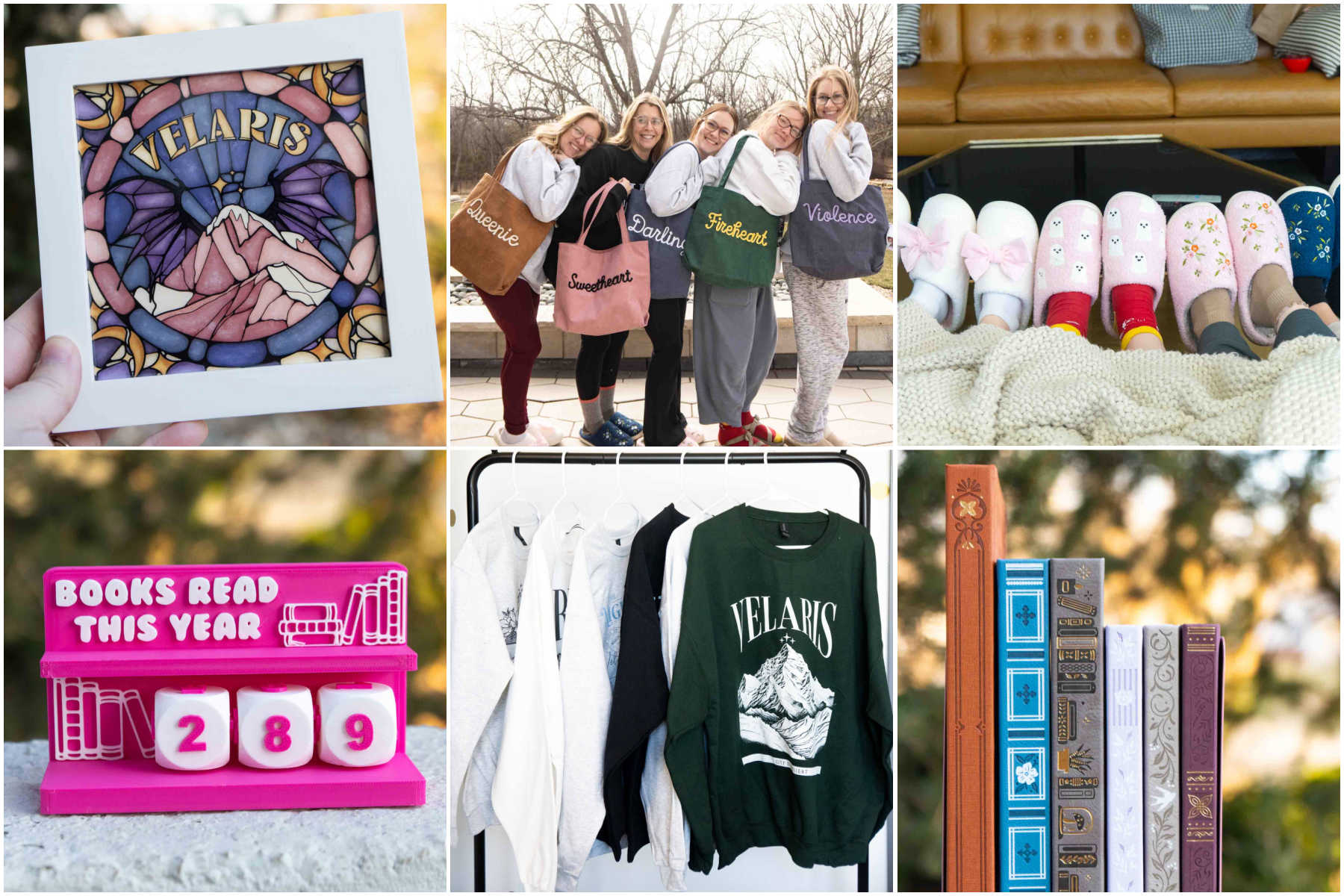 six images in a collage of bookish gifts