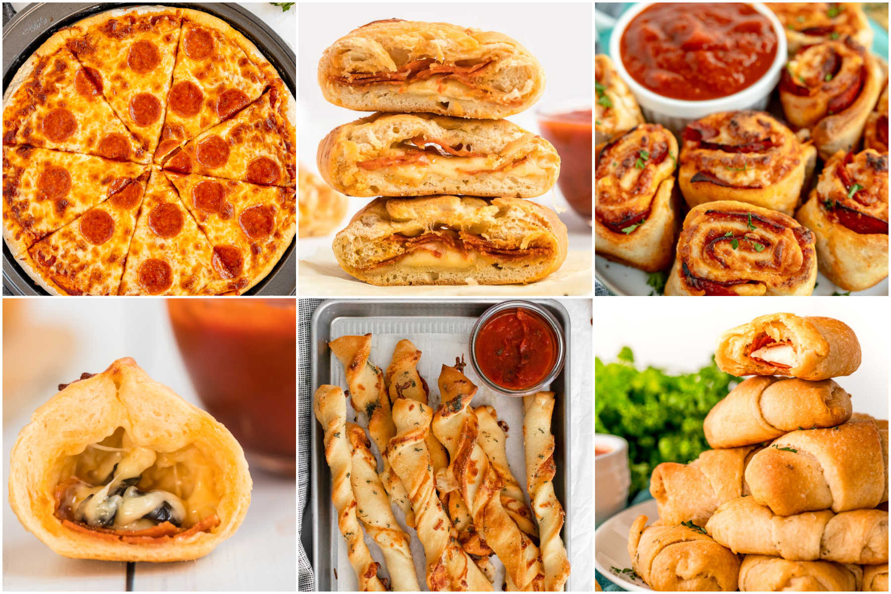 six images showing different kinds of pizza