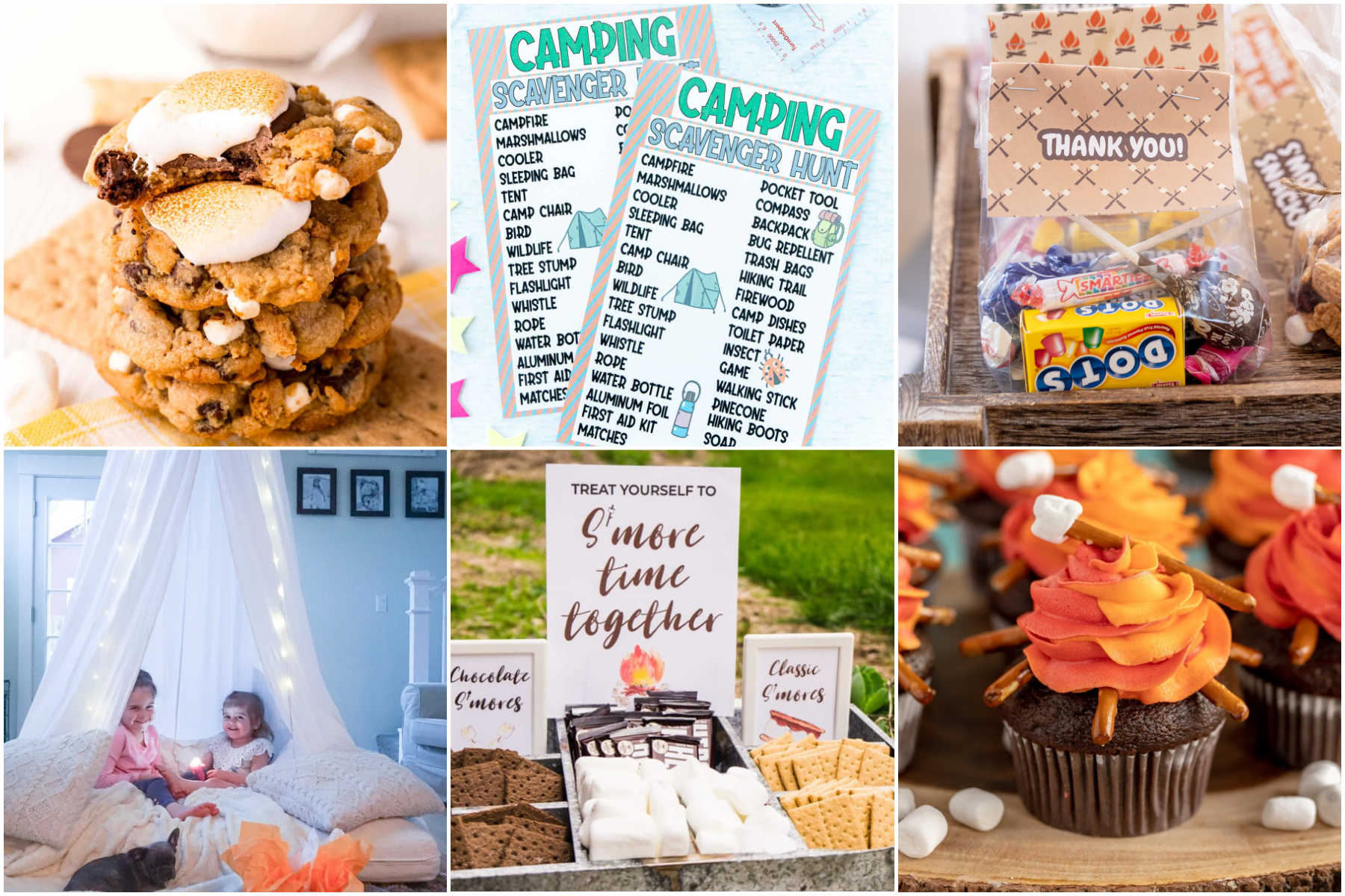 six picture collage of camping party ideas
