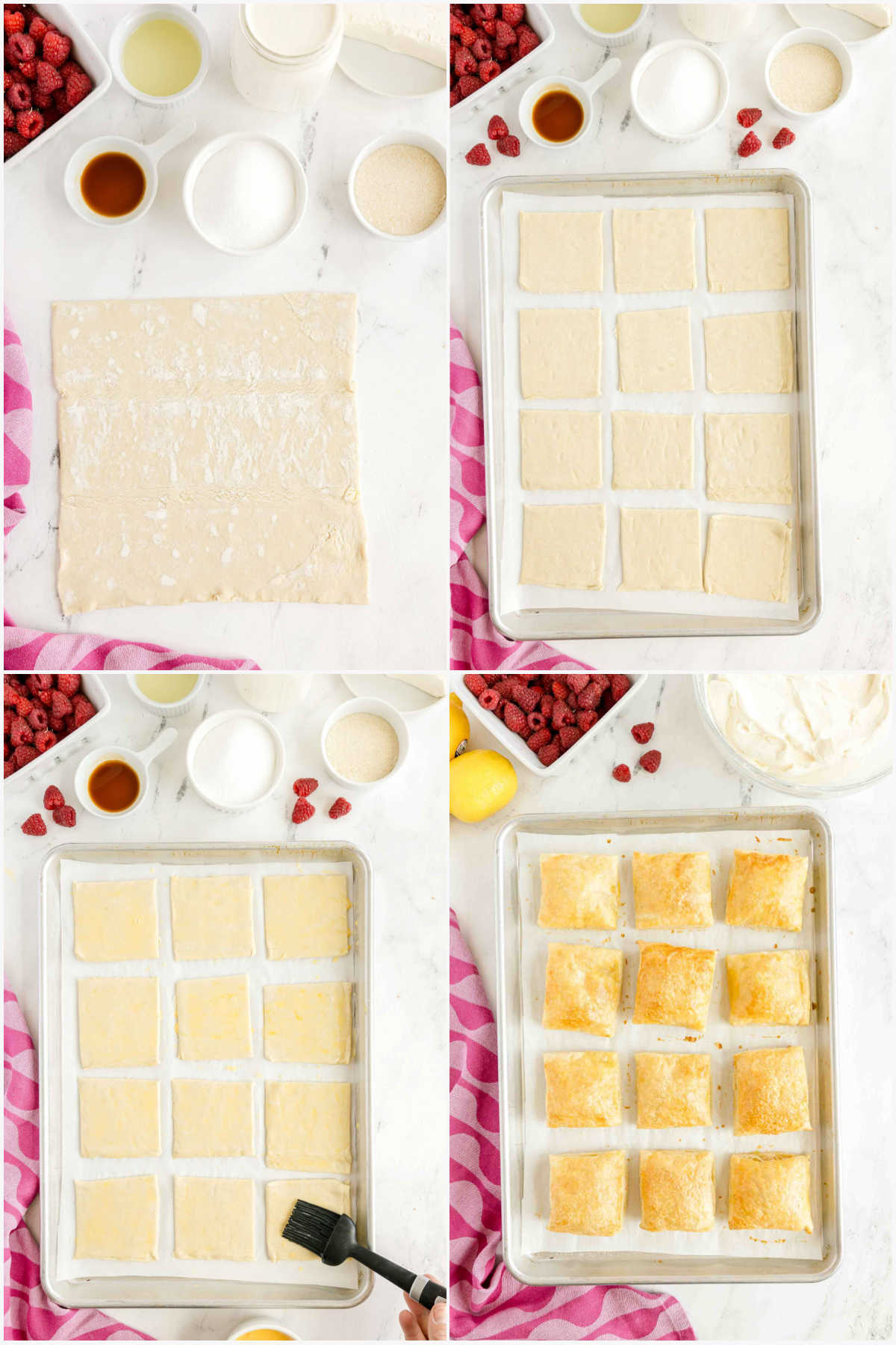 four images showing a collage of baked puff pastry