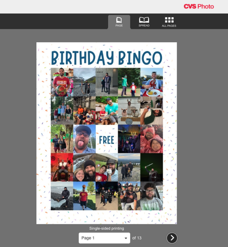 photo bingo card on the CVS photo website