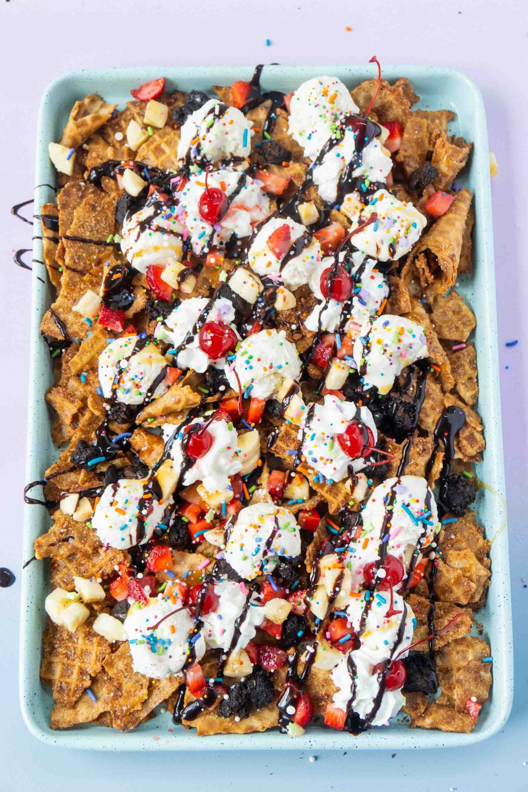 ice cream nachos on a baking sheet