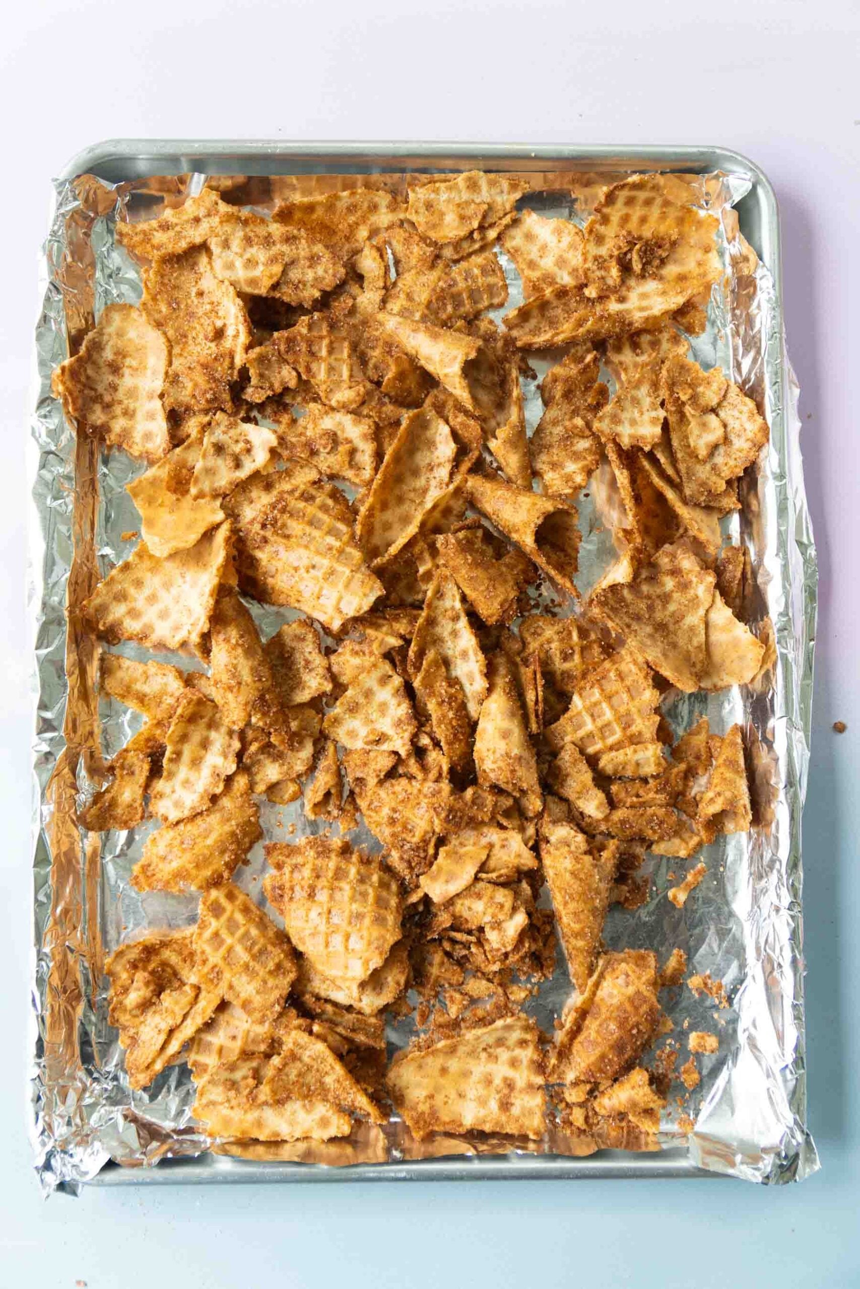 waffle cone pieces on a baking sheet