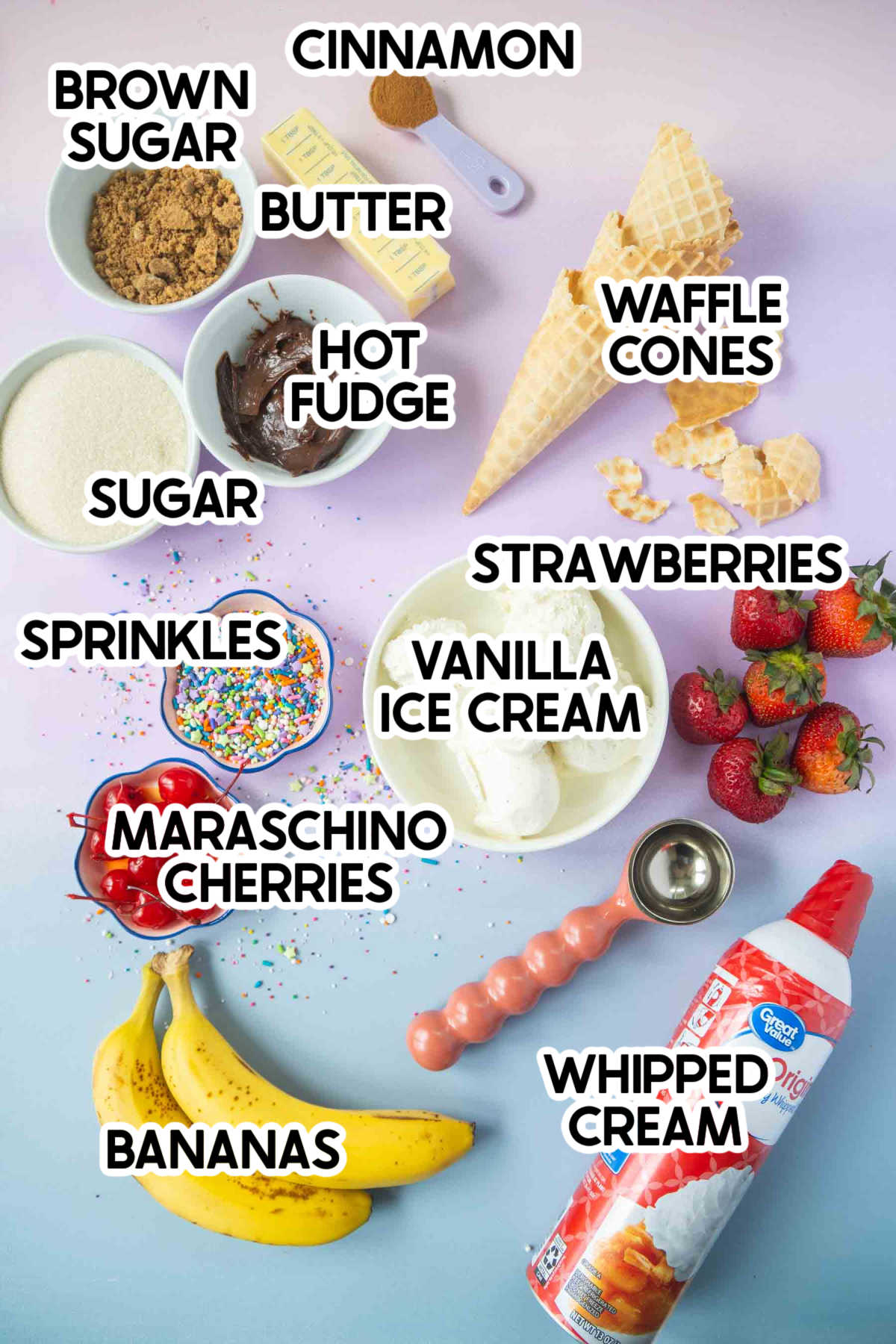 ingredients in ice cream nachos with labels