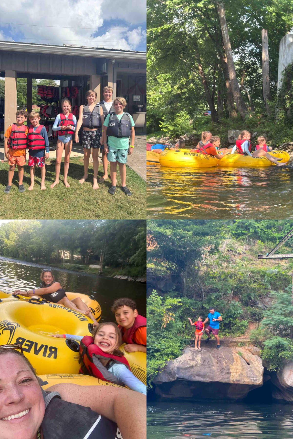 collage of images of a family tubing a river