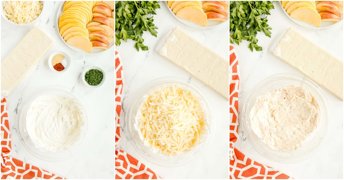 three images showing making the filling for a butternut squash galette