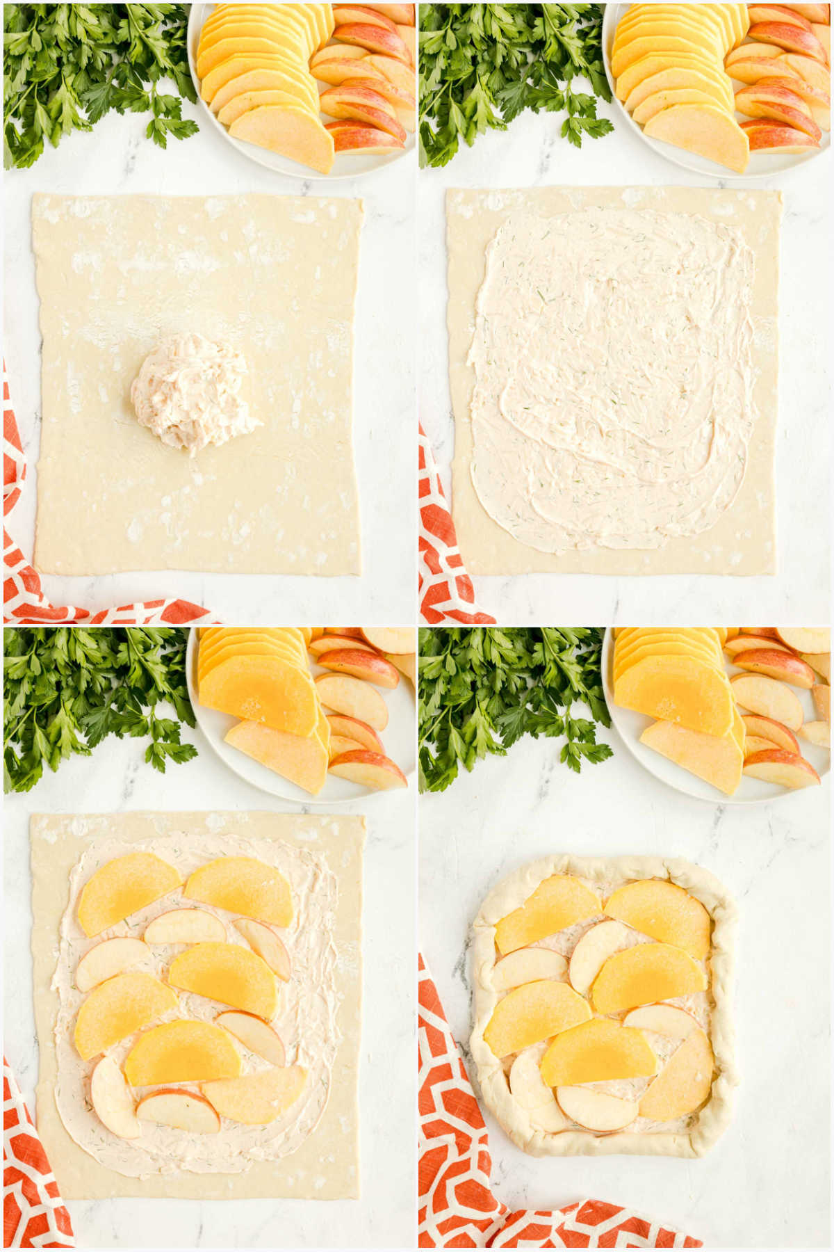 four images showing making a butternut squash galette