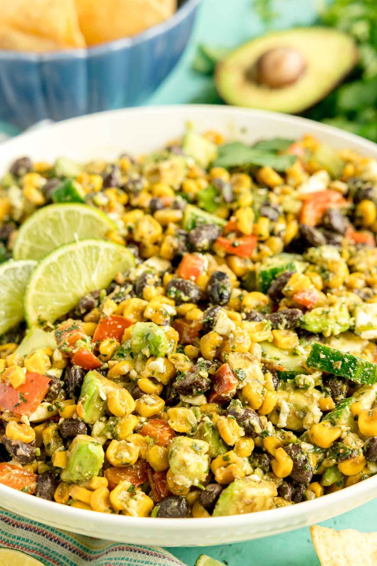 roasted corn salad in a white bowl