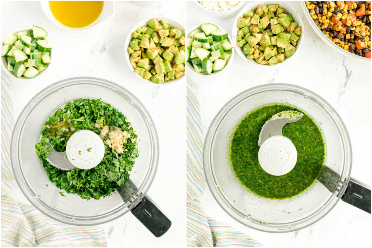 two images showing making dressing for a roasted corn salad