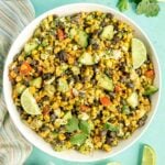 roasted corn salad in a white bowl