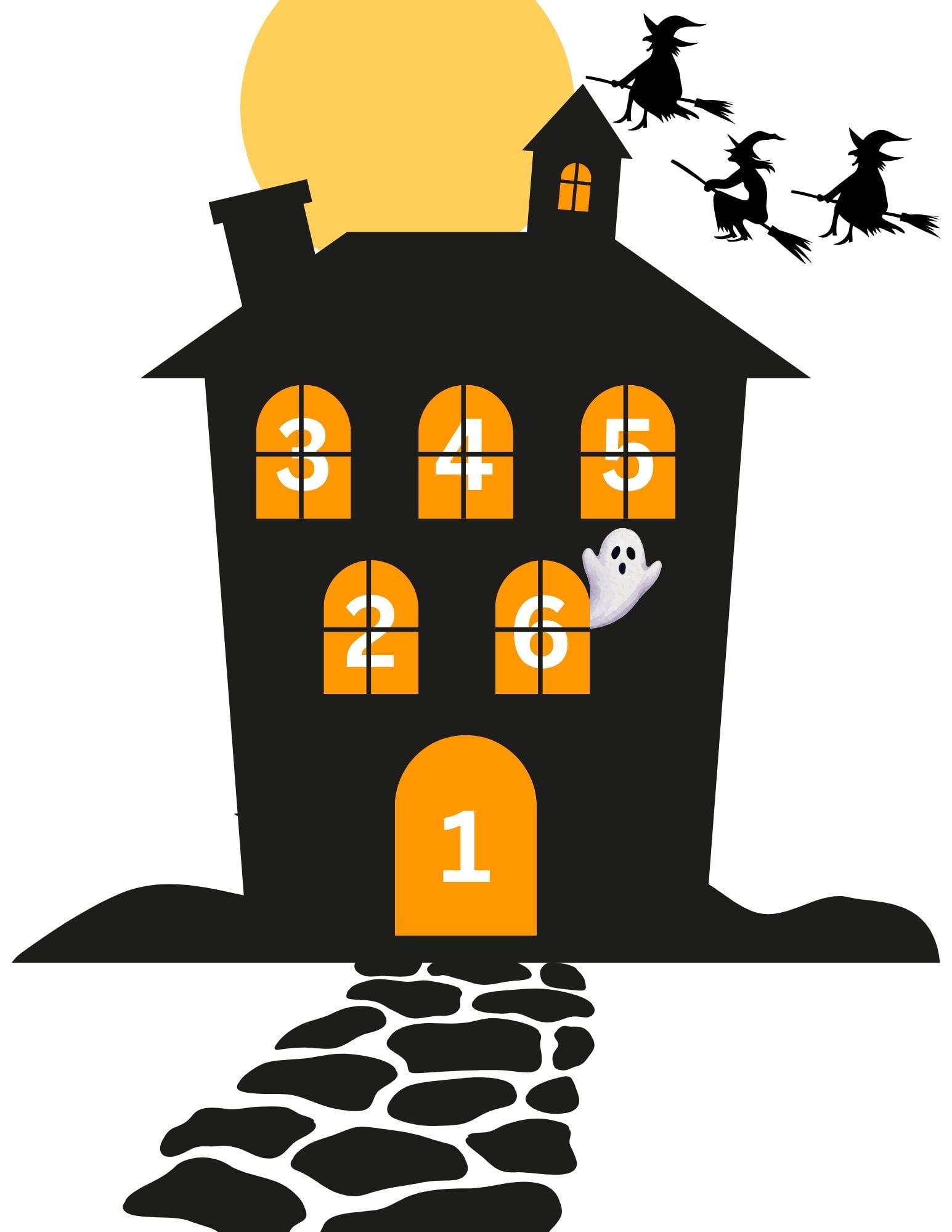 haunted house with witches flying above it