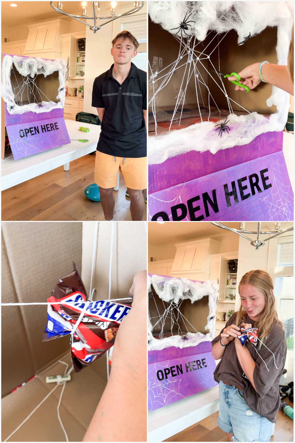 four images showing playing a game with a diy vending machine