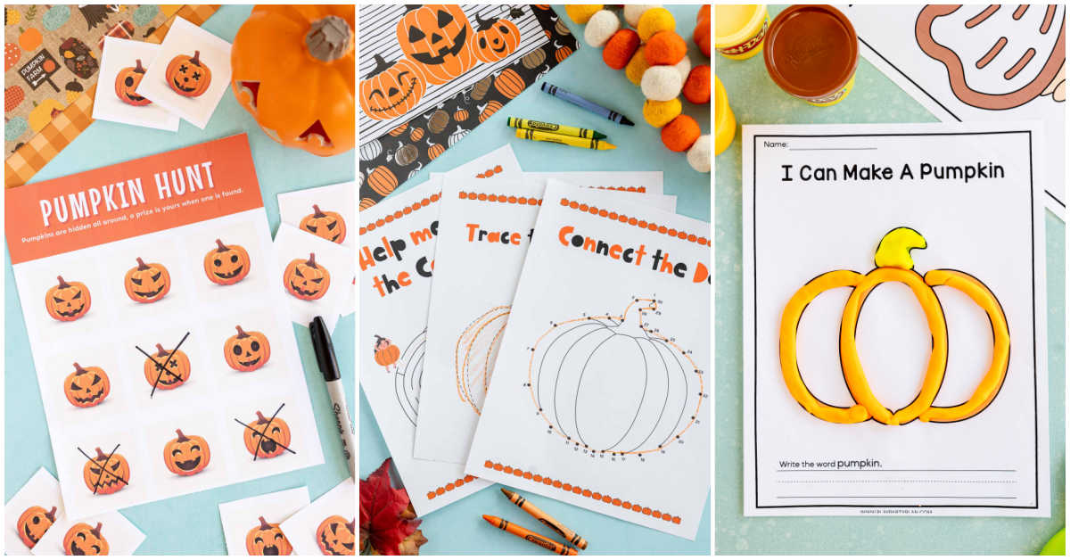 three images in a collage showing pumpkin activities