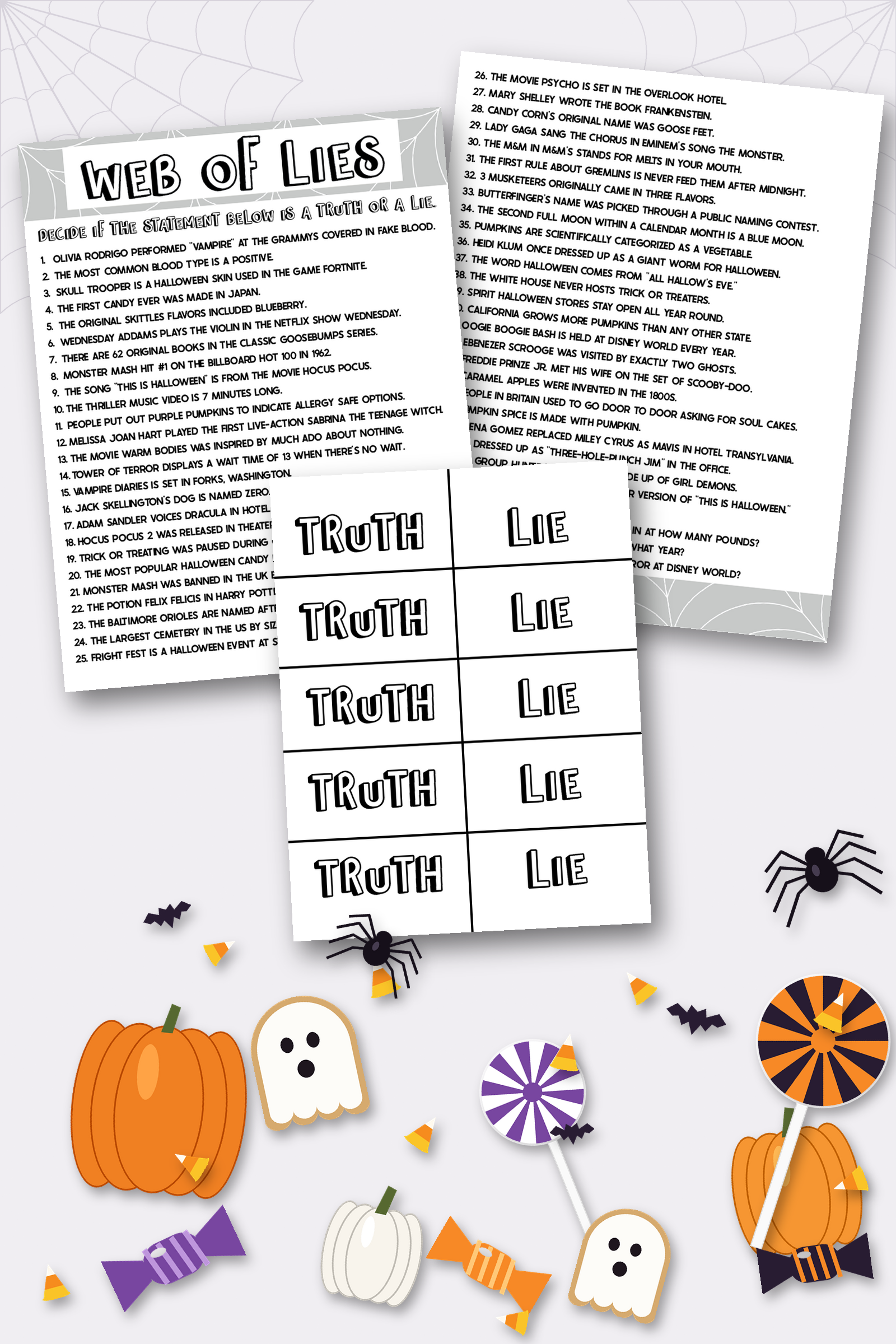 printed out web of lies questions and truth or lie cards