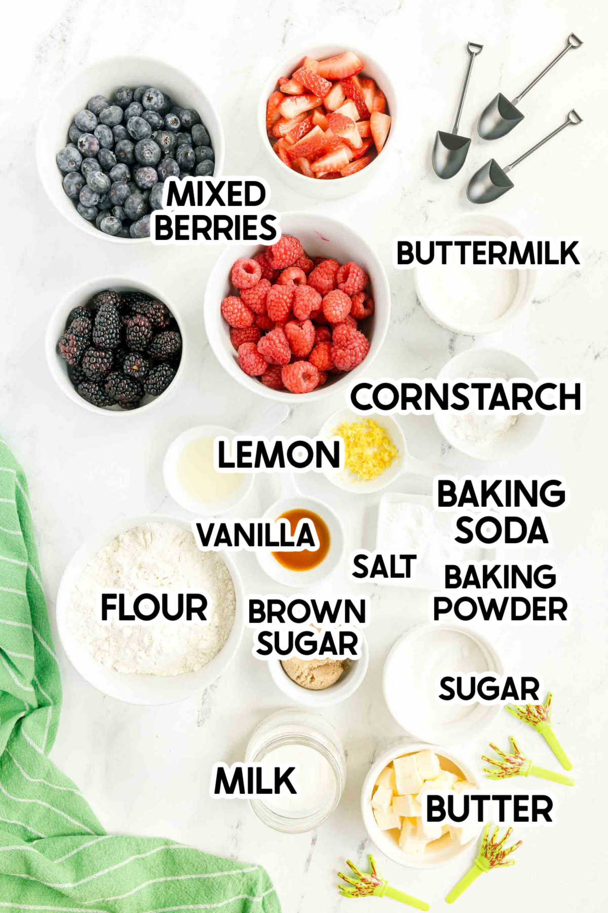ingredients in a berry cobbler with labels