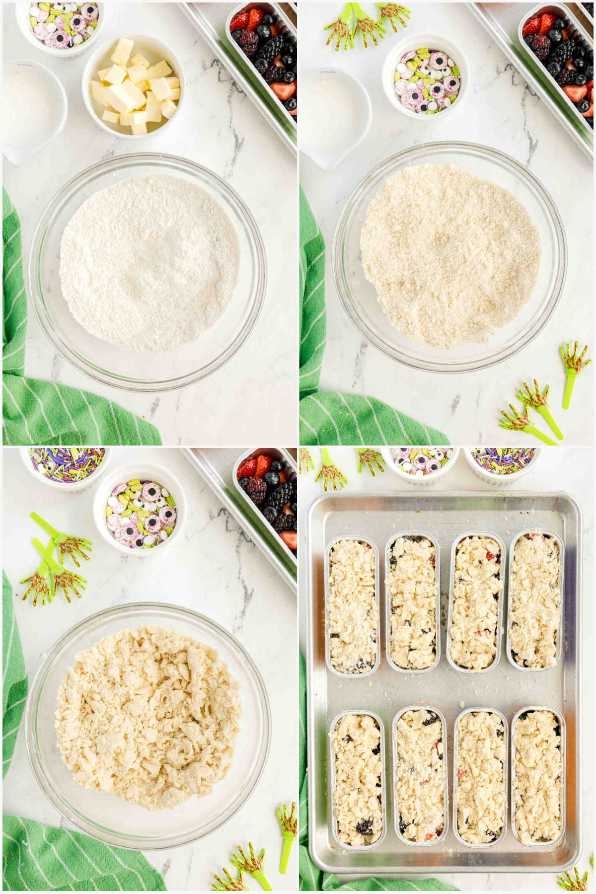 four images showing making crumble topping for zombie pies
