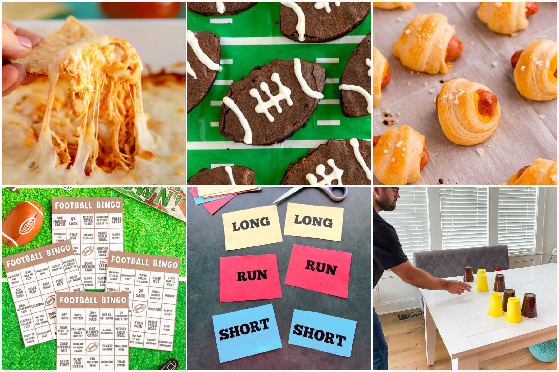 collage of six images showing football games and food