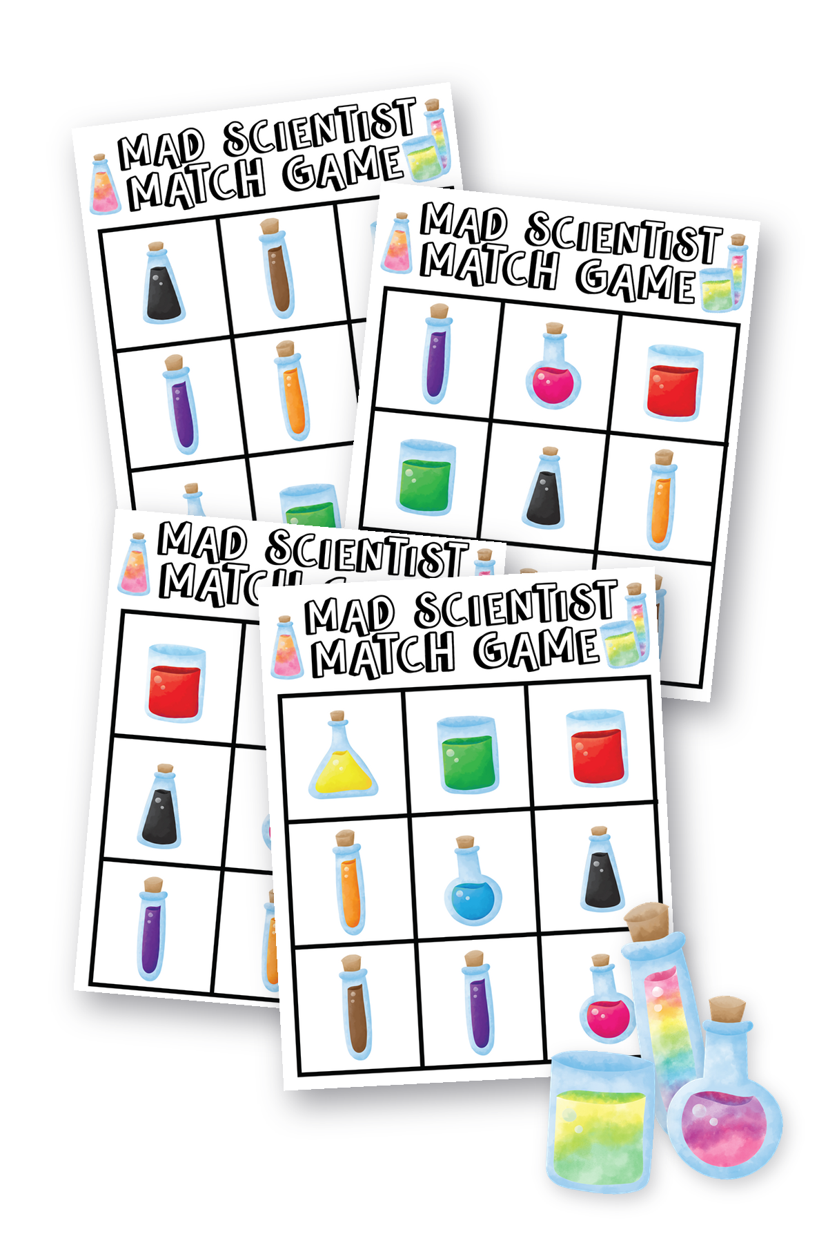 four mad scientist match game cards on top of each other