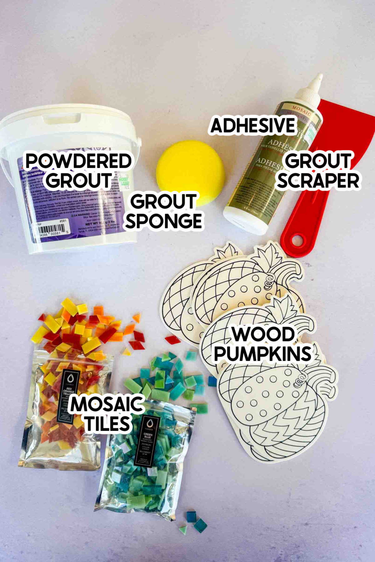 supplies to make mosaic pumpkins with labels