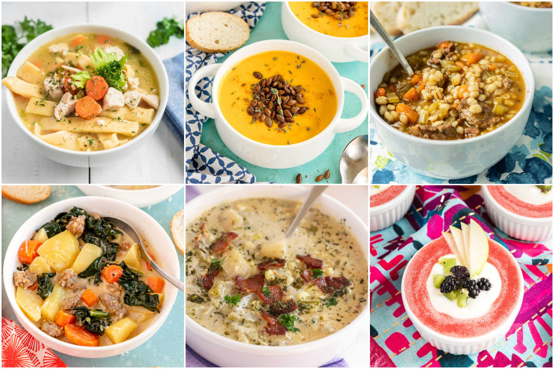 collage of six images showing different soups