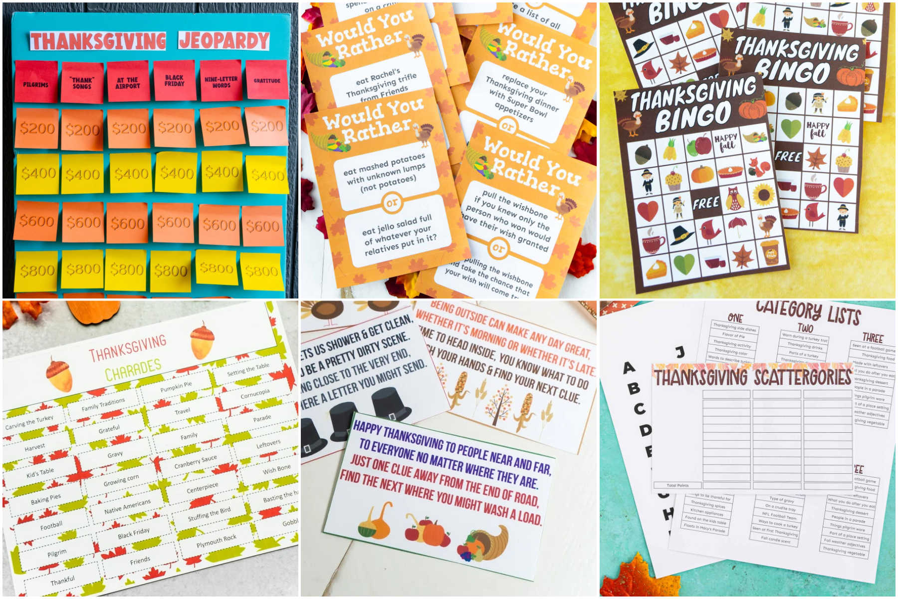 collage of six images showing Thanksgiving games
