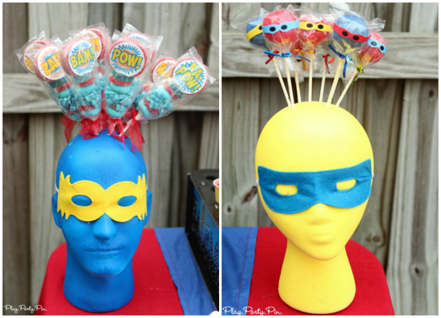 How to turn a foam head into an super superhero cake pop holder from playpartyplan.com